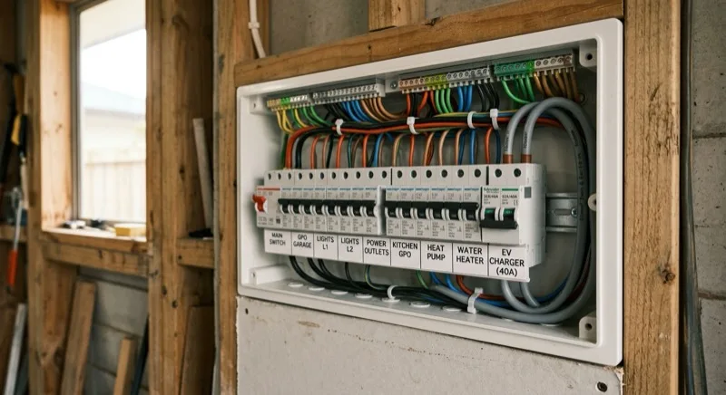 An open residential switchboard on a garage wall showing circuit breakers, including a dedicated EV charger circuit