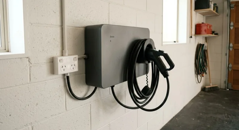 A wall-mounted home EV charger with its Type 2 cable holstered on a New Zealand garage wall, a flat-pin power outlet visible nearby