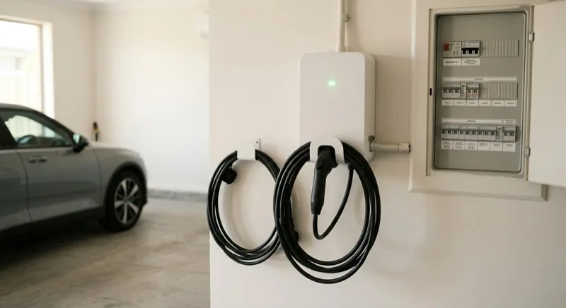 A plain white wall-mounted home EV charger with a coiled Type 2 cable, installed on a garage wall next to a switchboard