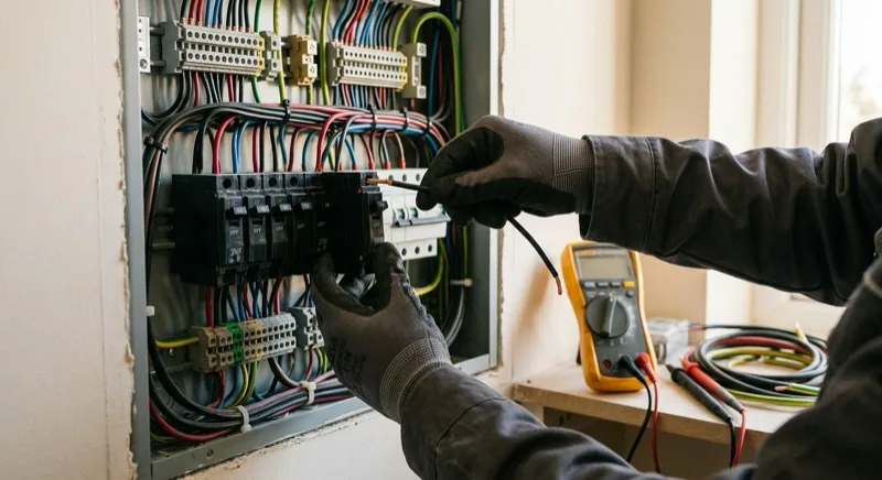 An electrician's gloved hands wiring a new circuit breaker into an open residential switchboard, with a test meter and coiled cable nearby