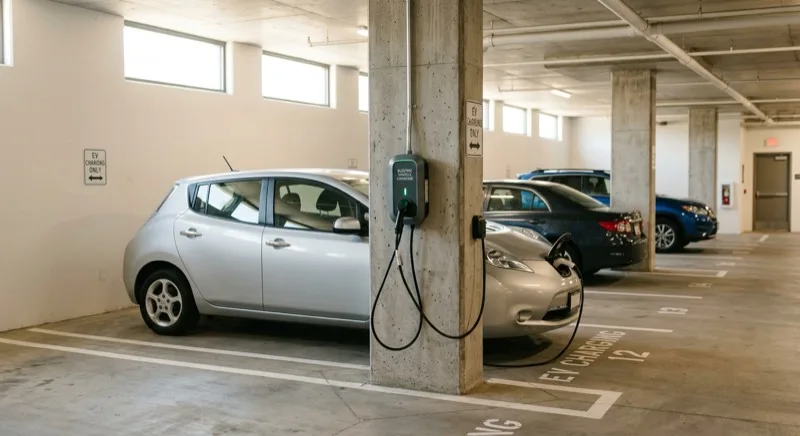 Electric car charging from a wall-mounted charger on a concrete pillar in a shared apartment car park
