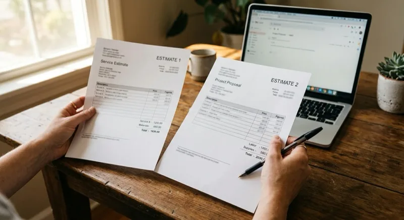 A person's hands holding two printed estimate documents side by side above a wooden desk, comparing the line items, with a laptop out of focus in the background