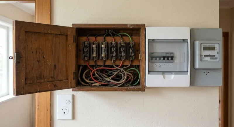 An old ceramic rewireable-fuse board with tangled ageing wiring beside a modern circuit-breaker board on a home wall