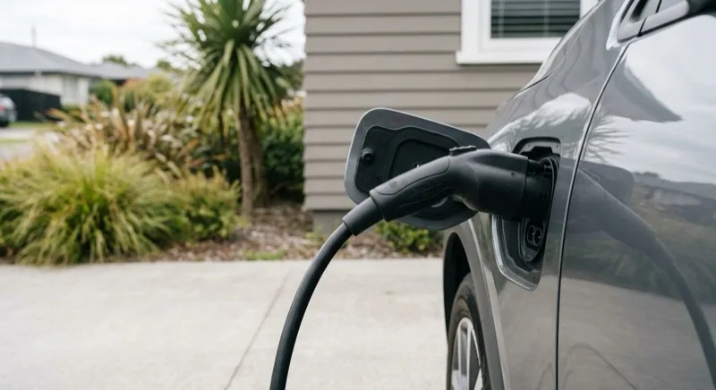 A Type 2 charging connector plugged into the charge port of an electric car on a residential concrete driveway