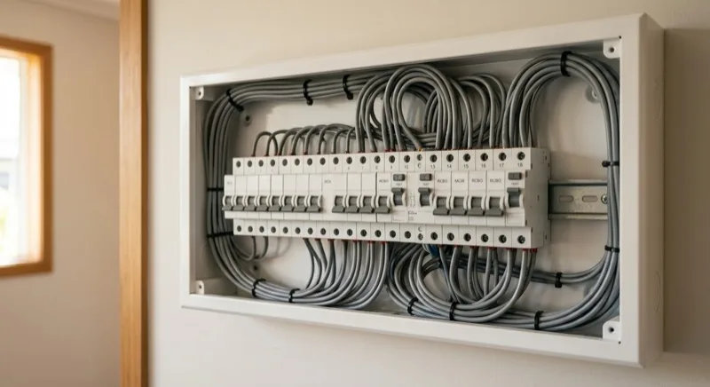 An open residential switchboard showing a row of circuit breakers and RCBO safety switches with tidily loomed wiring behind them