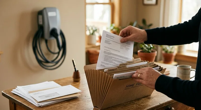 Hands filing an electrical installation document into a labelled home-filing folder alongside other household paperwork, with a wall-mounted EV charger in the background