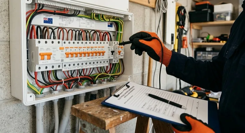 An electrician's gloved hand holding a test meter probe against a newly fitted circuit breaker inside an open residential switchboard, with a clipboard and compliance form resting nearby