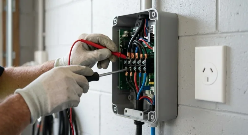 Gloved hands using a multimeter probe and screwdriver to test an opened home EV charger's internal wiring, with a New Zealand flat-pin wall socket alongside