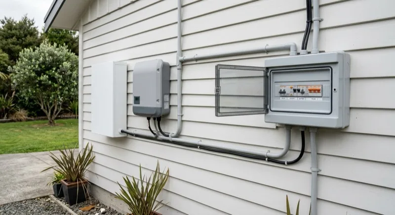 A wall-mounted home battery and solar inverter beside a New Zealand switchboard with a row of RCD and circuit breaker switches on a weatherboard garage wall