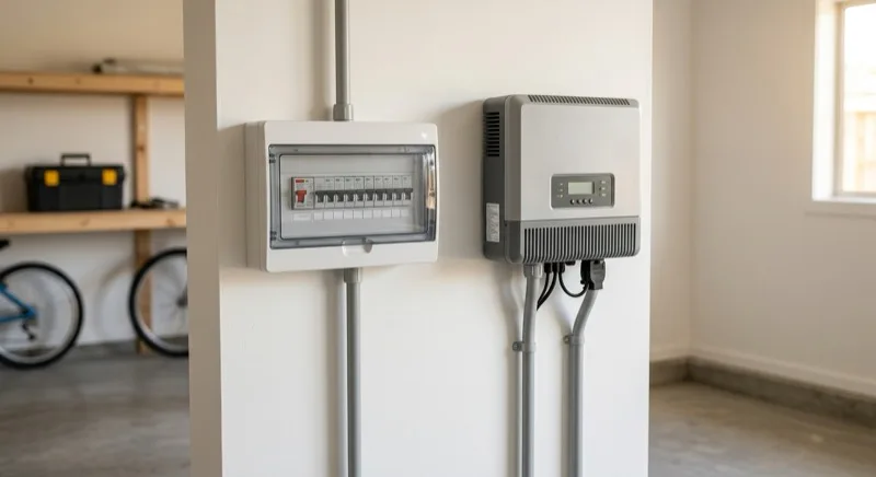 A home solar inverter and electrical switchboard mounted side by side on a garage wall