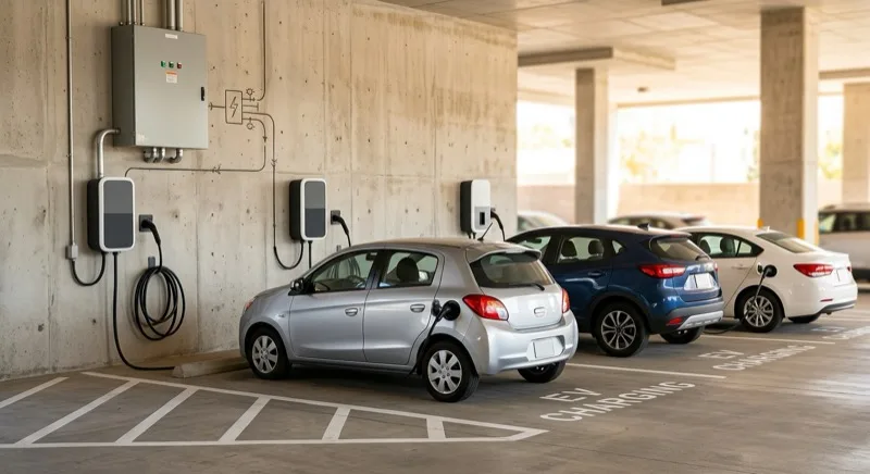 A row of wall-mounted EV chargers along a shared apartment car-park wall serving several marked bays, with a load-management sub-board mounted on the concrete wall nearby