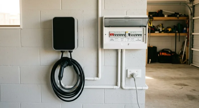 A generic wall-mounted home EV charger newly installed on a New Zealand garage wall beside a residential switchboard