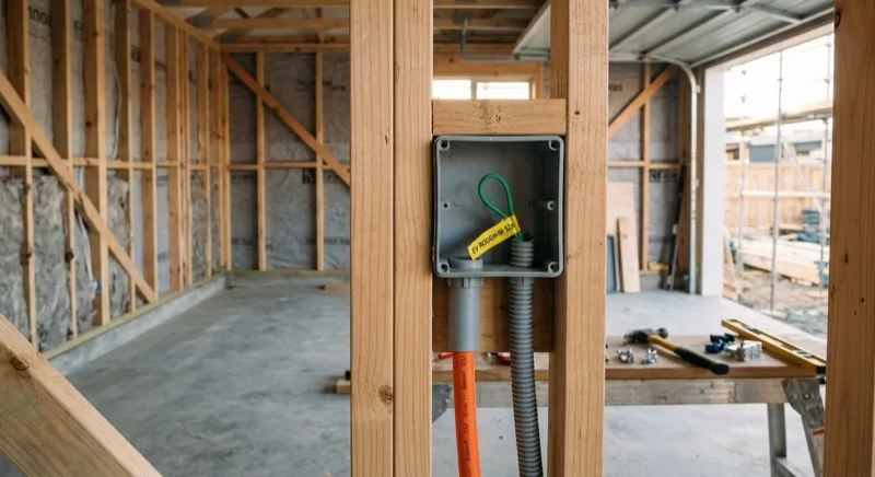 A flush-mounted electrical box roughed into an open timber-framed garage wall, with grey conduit and a dedicated cable run terminating at it and a tagged draw string left ready for an EV charger to be fitted later