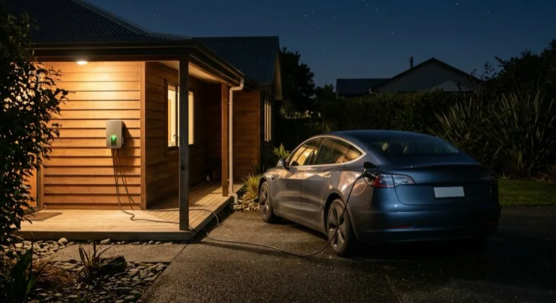 An electric car charging overnight from a generic wall-mounted home charger at a New Zealand house, the charger's status light glowing to show off-peak charging in progress