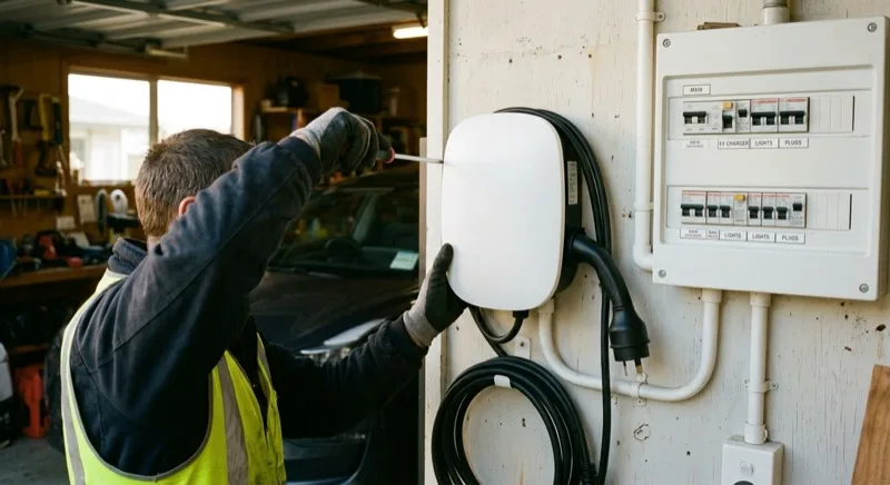 An electrician mounting a generic wall EV charger on a New Zealand garage wall beside a switchboard with labelled circuit breakers