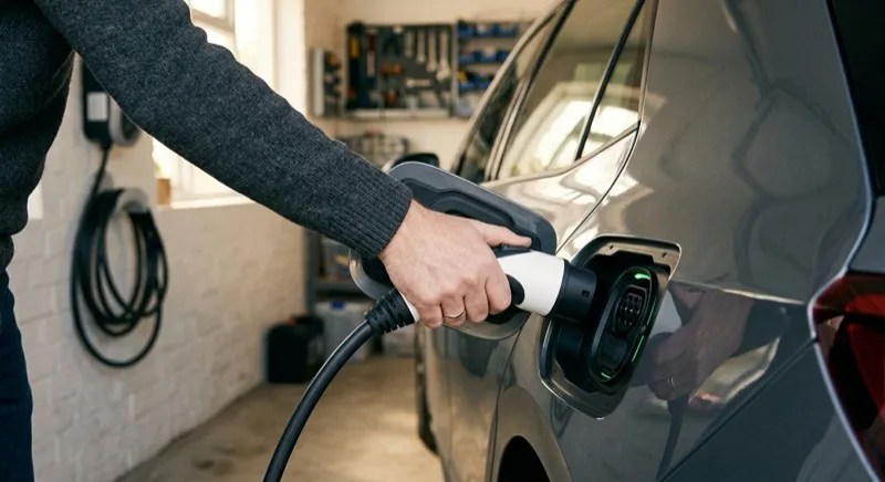 A person plugging a Type 2 charging connector into the charge port of an electric car in a home garage