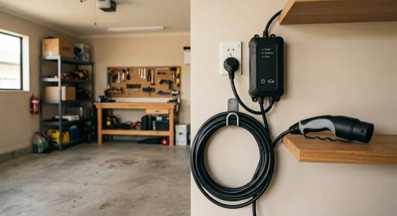 A portable Mode 2 EV charging unit plugged into a standard wall socket in a garage, its cable coiled and Type 2 connector resting on a shelf