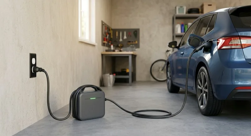 A portable EV charging unit plugged into a wall socket in a home garage, with the charging cable connected to an electric car