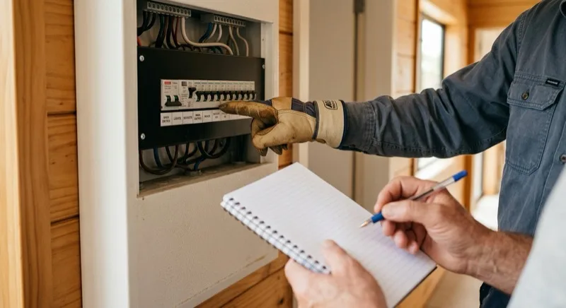 An electrician's gloved hand pointing at a row of circuit breakers inside an open residential switchboard while a homeowner takes notes in the foreground