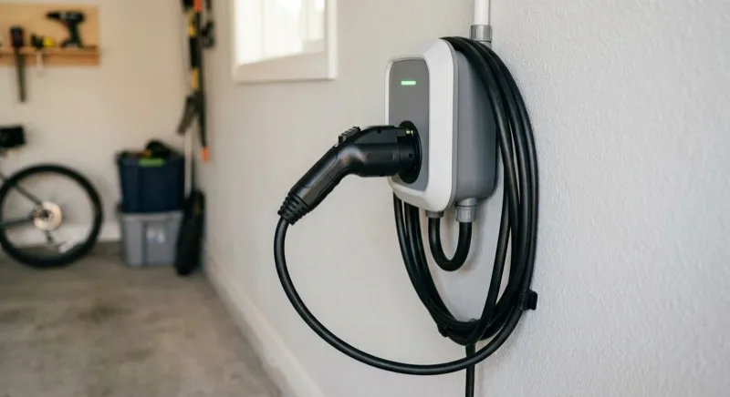 A wall-mounted home EV charger in a garage with its Type 2 connector holstered and the charging cable neatly coiled