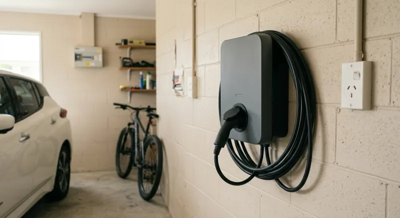 A wall-mounted home EV charger with its Type 2 cable holstered on a New Zealand garage wall, a flat-pin power socket visible nearby