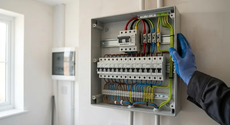 An open residential switchboard showing the main switch, a row of circuit breakers and the incoming phase conductors