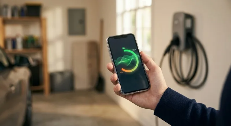 A hand holding a smartphone showing an EV charging status screen, with a wall-mounted home charger visible in the background of a garage