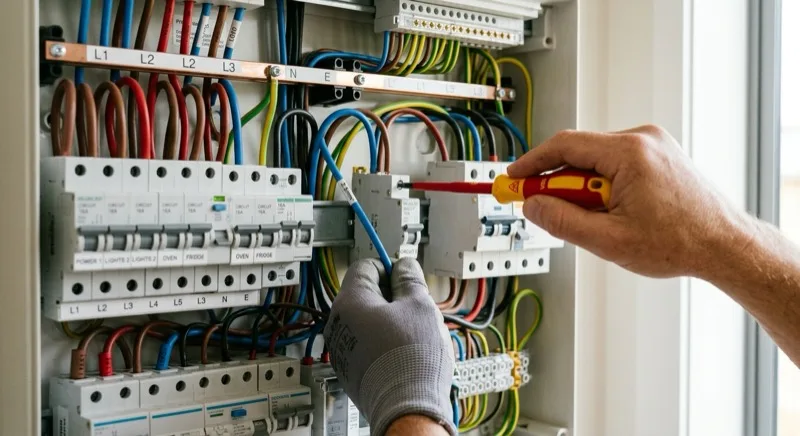 An electrician's hands wiring a dedicated RCD-protected circuit at an open New Zealand home switchboard full of circuit breakers and coloured wiring