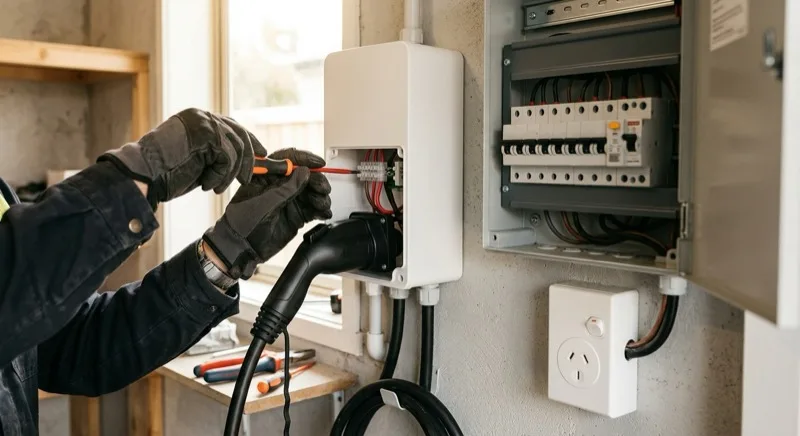 An electrician wiring a wall-mounted home charger next to an open New Zealand switchboard, with a flat-pin power socket on the wall