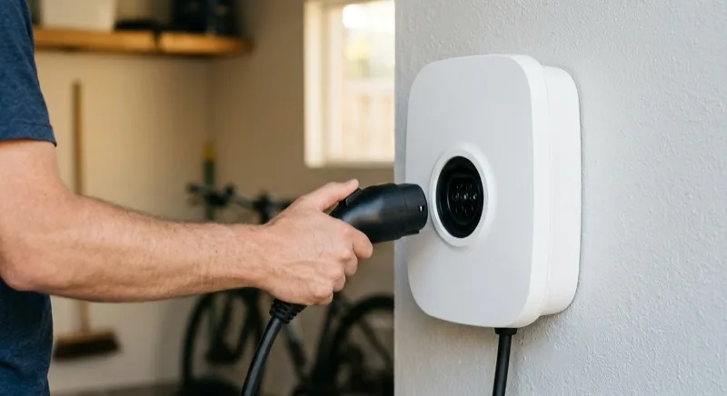 Close-up of an untethered home EV charger's empty Type 2 socket, with a hand holding a Type 2 plug ready to connect