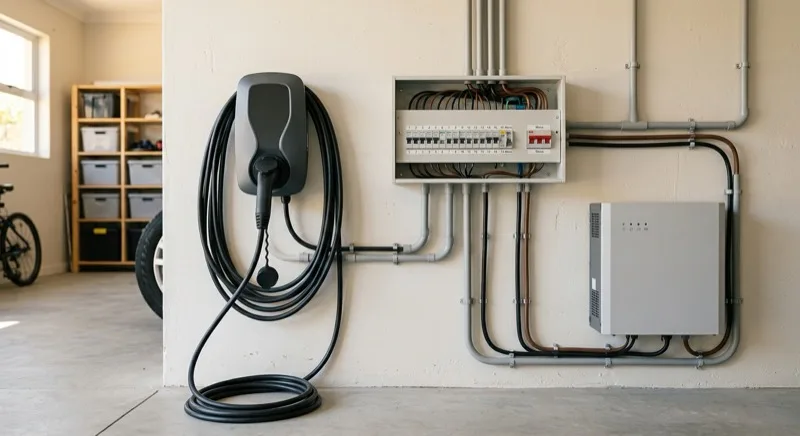 A garage wall home energy setup: a wall-mounted EV charging unit beside an open switchboard with rows of circuit breakers and isolation switchgear, and a compact home battery enclosure connected by cabling