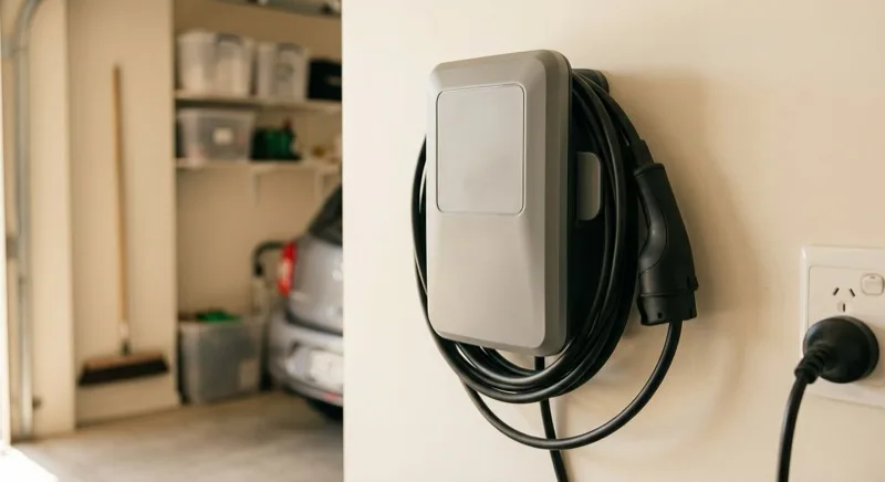 A wall-mounted home EV charger with its Type 2 cable holstered on a New Zealand garage wall, an NZ flat-pin power socket beside it