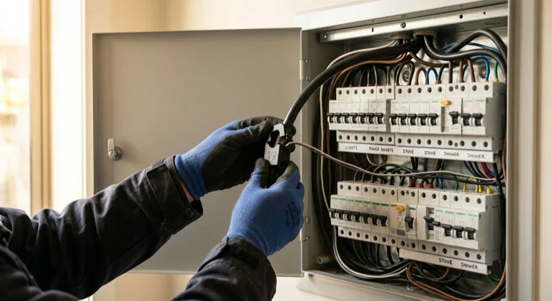An electrician's gloved hands clipping a small current-sensor CT clamp around the incoming supply cable inside an open New Zealand home switchboard full of circuit breakers, the commissioning step that enables solar diversion